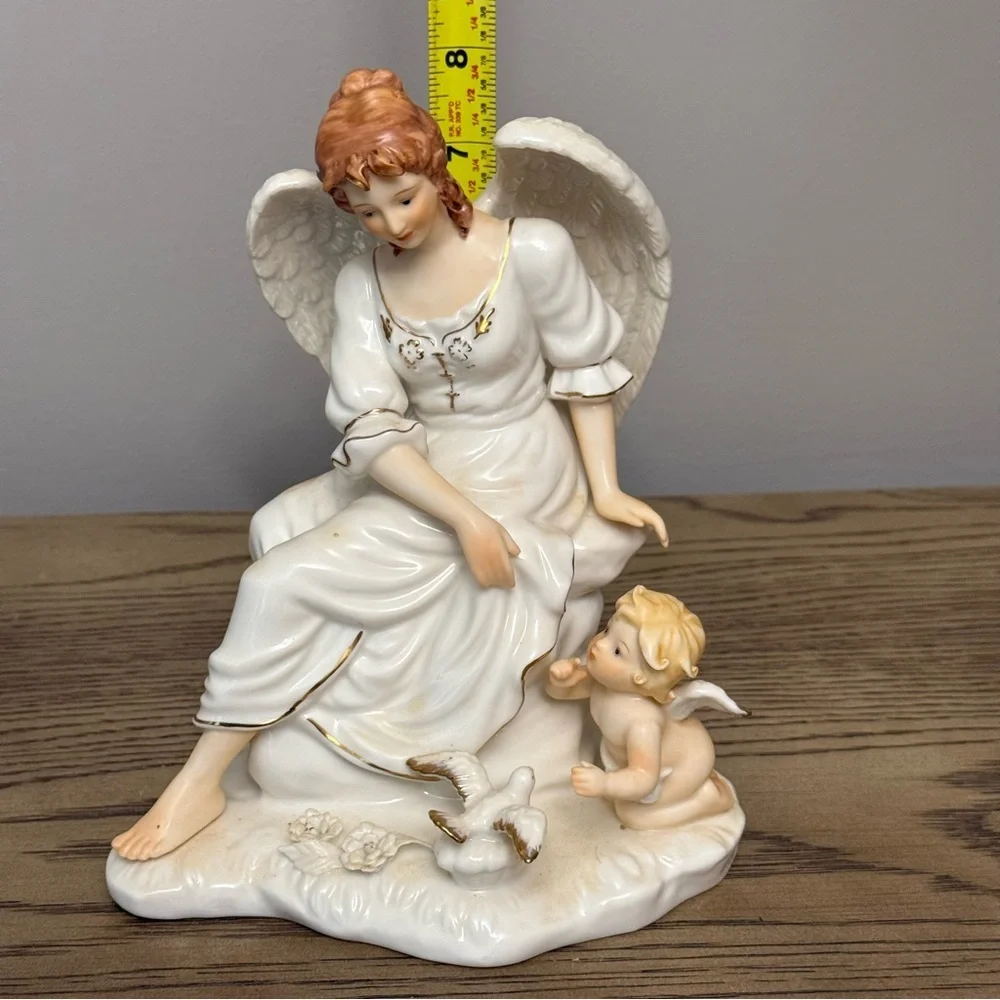 O'Well Angel & Cherub W/Bird~Lyre Porcelain Figurine Ivory & Gold